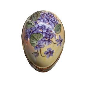 VTG  Hand-Painted Porcelain Egg Trinket Box  Floral Design Gold Trim France